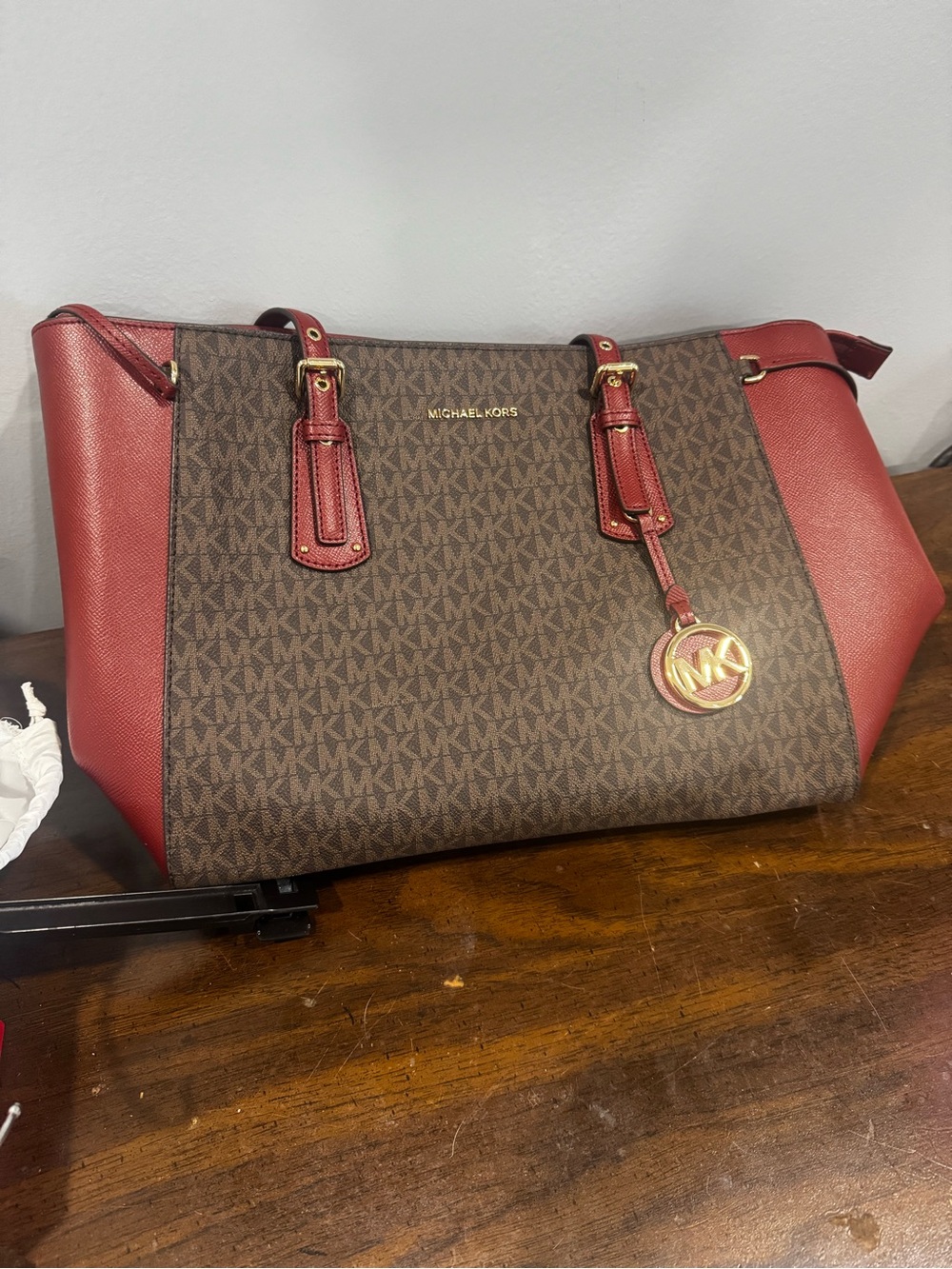Michael Kors Brown MK Logo Tote with Red Trim and Gold Hardware